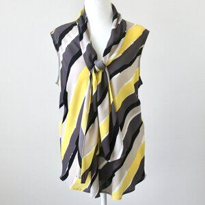 Nine West Yellow Grey Stripe Scarf Bow Neck Sleeveless Blouse Large